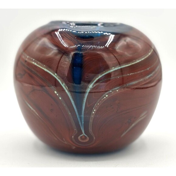 JP Goodman Mouth Blown Art Glass Vase Earth Tone Swirl Blue Interior Signed 1977 - Picture 5 of 16